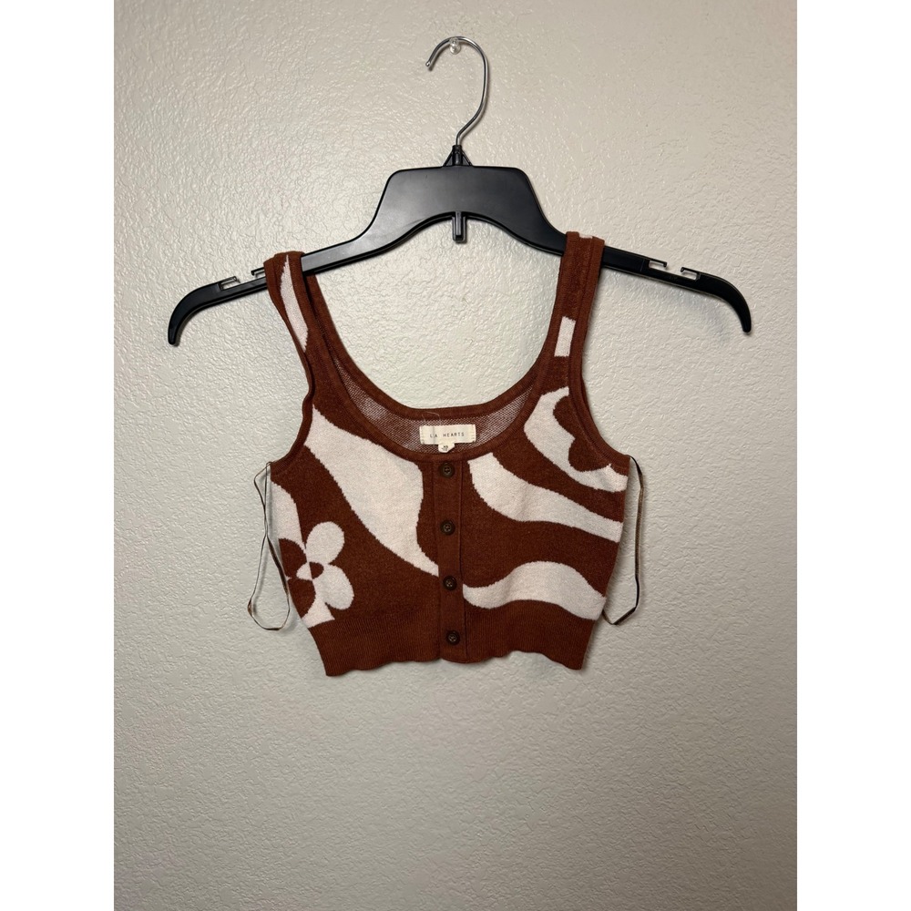 LA Hearts Brown White Floral Swirl Knit Button Front Crop Tank Top XS